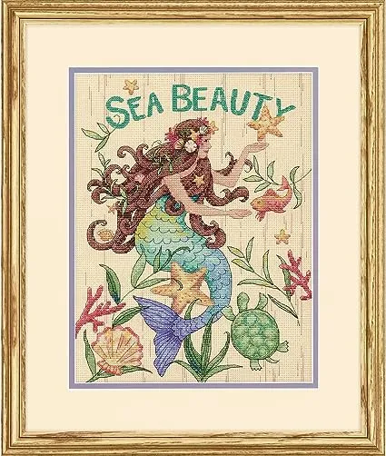 Dimensions Sea Beauty' Mermaid Cross Stitch Kit, 14 Count Natural Aida, 9" x 12"