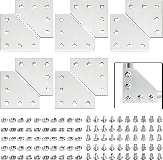 10pcs Aluminum Alloy T Slot L Shape Joining Plate And 50pcs M5x8 Hex Screw And 5