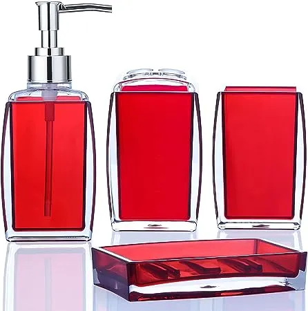 Yueranhu Red Bathroom Accessories Set, 4-Pieces Acrylic Bathroom Accesory Set Decor Gift - Toothbrush Holder, Toothbrush Cup, Soap/Lotion Dispenser, Soap Dish