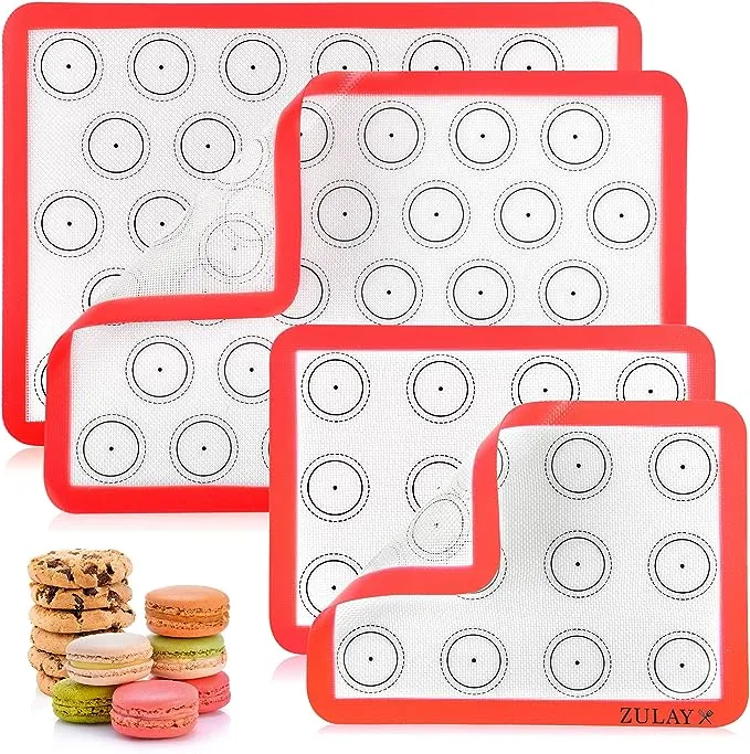 Zulay (Set of 4) Silicone Baking Mat - Macaron Silicone Baking Mats With Pre-printed Template Design - Non Stick & Reusable Silicone Baking Sheet - 2 Half Size + 2 Quarter Size (Red)