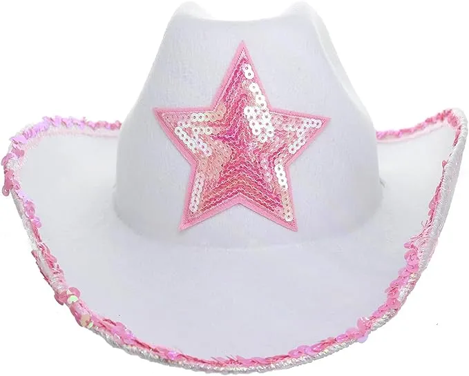 Giftexpress White Felt Cowgirl Hat with Pink Sequin Star, Country Themed Party Cowboy Dressup Play Costume Hat, Girl's, Size: 1