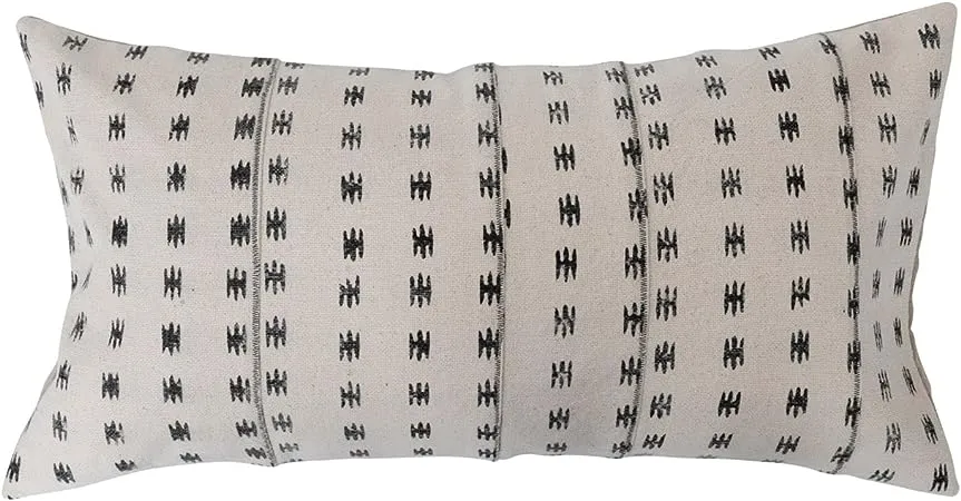 Stonewashed Cotton Pieced Lumbar Pillow with Block Print