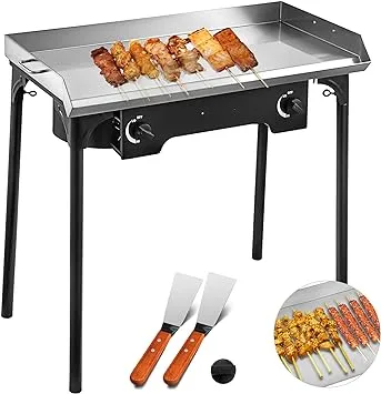 VEVOR Stainless Steel Griddle,Universal Flat Top Rectangular Plate, BBQ Charcoal/Gas Non-Stick Grill with 2 Handles and Grease Groove with Hole，Grills for Camping, Tailgating and Parties (32" x 17"+Double Burners Stove)