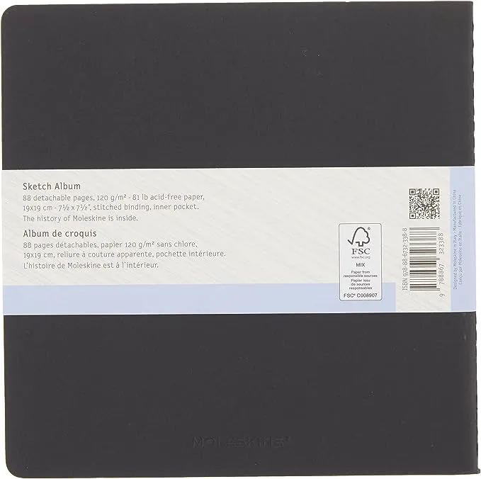 Moleskine Art Sketch Album, Soft Cover, Square (7.5" x 7.5") Plain/Blank, Black, 88 Pages