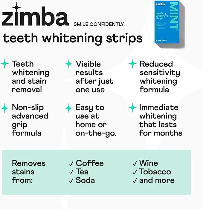 Zimba Zahnaufhellungsstreifen Vegan Whitening Strip Emaille Sichere Zahnaufhellung Wasserstoffperoxid Zahnaufheller für Kaffee, Wein, Tabak und andere Flecken, 28 Streifen (14 Tage Behandlung), Minze