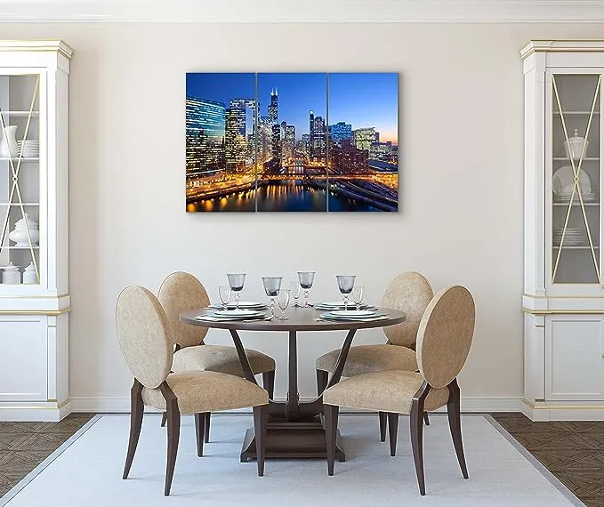 Chicago Wall Art Decor - Chicago Skyline Canvas Art Picture - Modern, 3 Piece Panoramic Downtown City Print Photo - Three Panel Framed Artwork Poster for Living Room, Bedroom, Office & Home Decor Gift