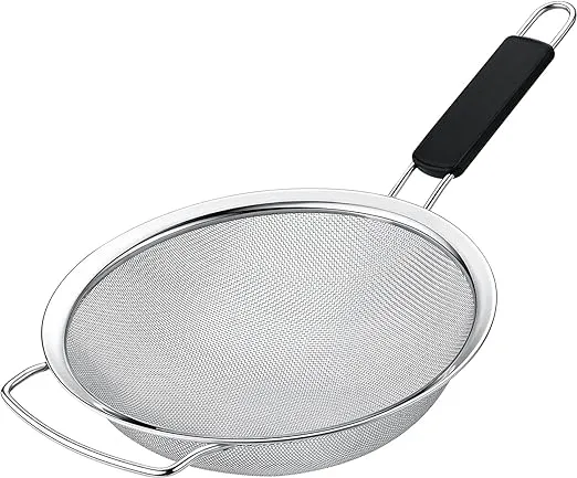 Kafoor 8" Large Fine Mesh Strainer with thermo plastic rubber handle - Sieve Fine Mesh Stainless Steel - Ideal to Strain Pasta, Quinoa and Rice.