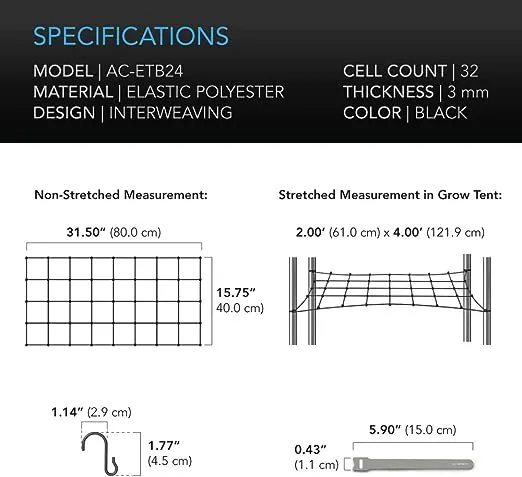 AC Infinity Grow Tent Trellis Netting - Flexible Elastic Cords - 2x4'