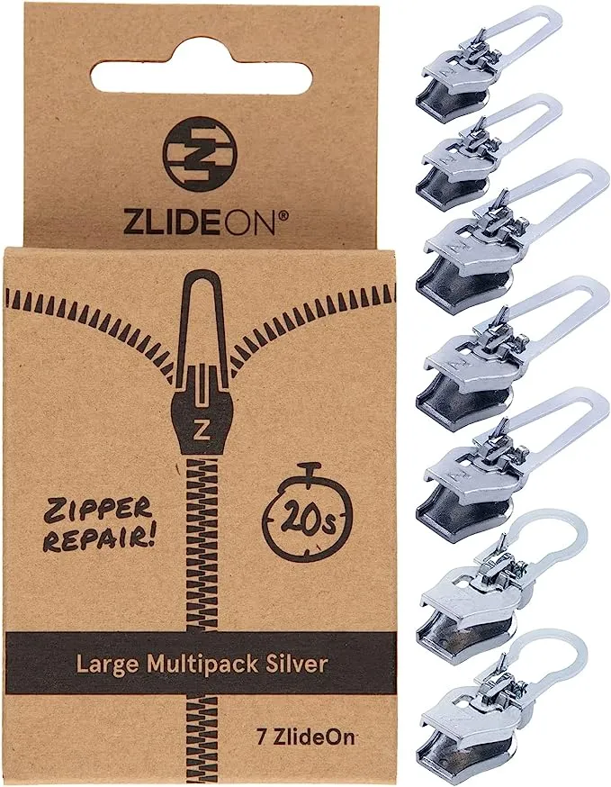 ZlideOn Zipper Pull Replacement - 7pcs, Silver, Large - Instant Zipper Replacement Slider Multipack