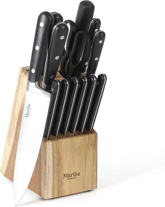 Martha Stewart Eastwalk 14 Piece High Carbon Stainless Steel Cutlery Knife Block Set w/ABS Triple Riveted Forged Handle Acacia Wood Block - Matte Black