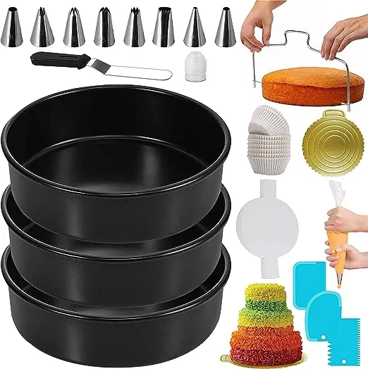 RFAQK 133PCs Round Cake Pans Sets for Baking-Nonstick 8 Inch Cake Pan Set of 3 with Baking Supplies+Cake Decorating Supplies Kit, Cake Leveler, Icing Tips, Piping Bags, Spatula, and Baking Pans Set