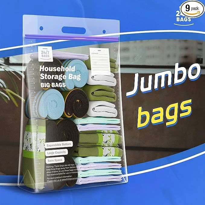 24/7 Bags- Jumbo Double Zipper 20 Gallon Bags, 9 Count, Stand and Fill, Carry Handle, BPA-Free, Air Tight Seal