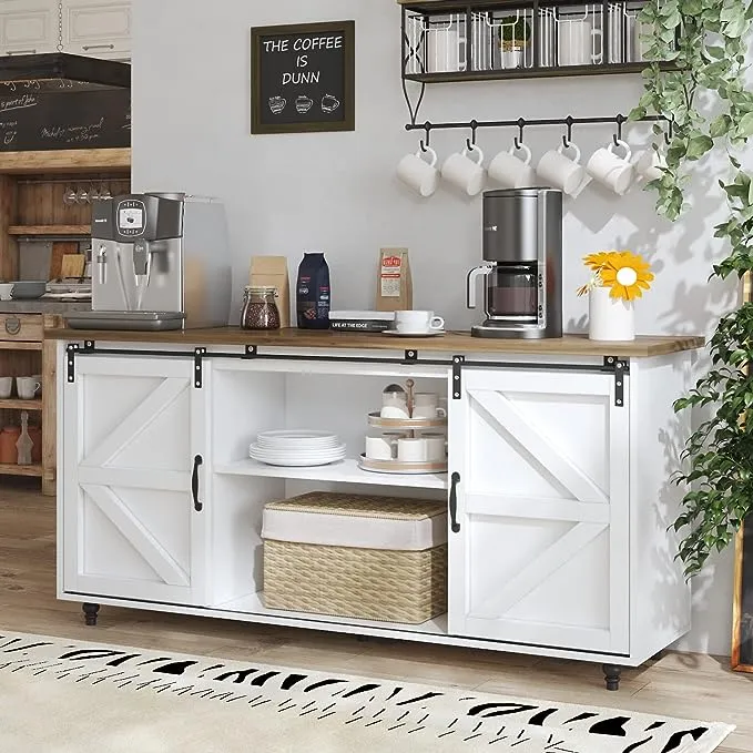 Farmhouse Coffee Bar Cabinet, 58” Kitchen Sideboard Buffet Cabinet with Storage, White Coffee Bar Table with Sliding Barn Door for Dinning Living Room