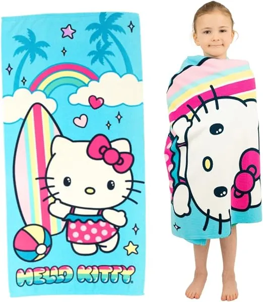 Franco Sanrio Hello Kitty Super Soft Lightweight 100% Recycled Bath/Pool/Beach Towel Made from Recycled Plastic Bottles, 58 in x 28 in, (100% Official Licensed Sanrio Product)Franco Sanrio Hello Kitty Super Soft Lightweight 100% Recycled Bath/Pool/Beach 