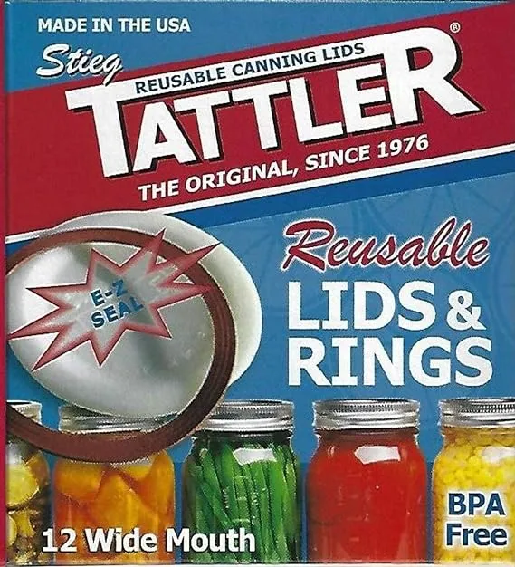 Authentic Tattler E-Z Seal Reusable Canning Lids - Wide Mouth - 1 Dozen (12) Plastic Lid/Rubber Ring - MADE IN THE USA!Authentic Tattler E-Z Seal Reusable Canning Lids - Wid…