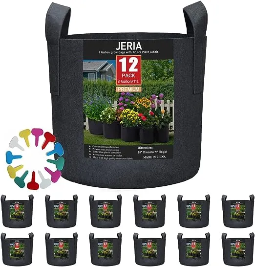 JERIA 12Pack 25 Gallon VegetableFlowerPlant Grow Bags Aeration Fabric Pots with Handles Black Come with 12 Pcs Plant Lab