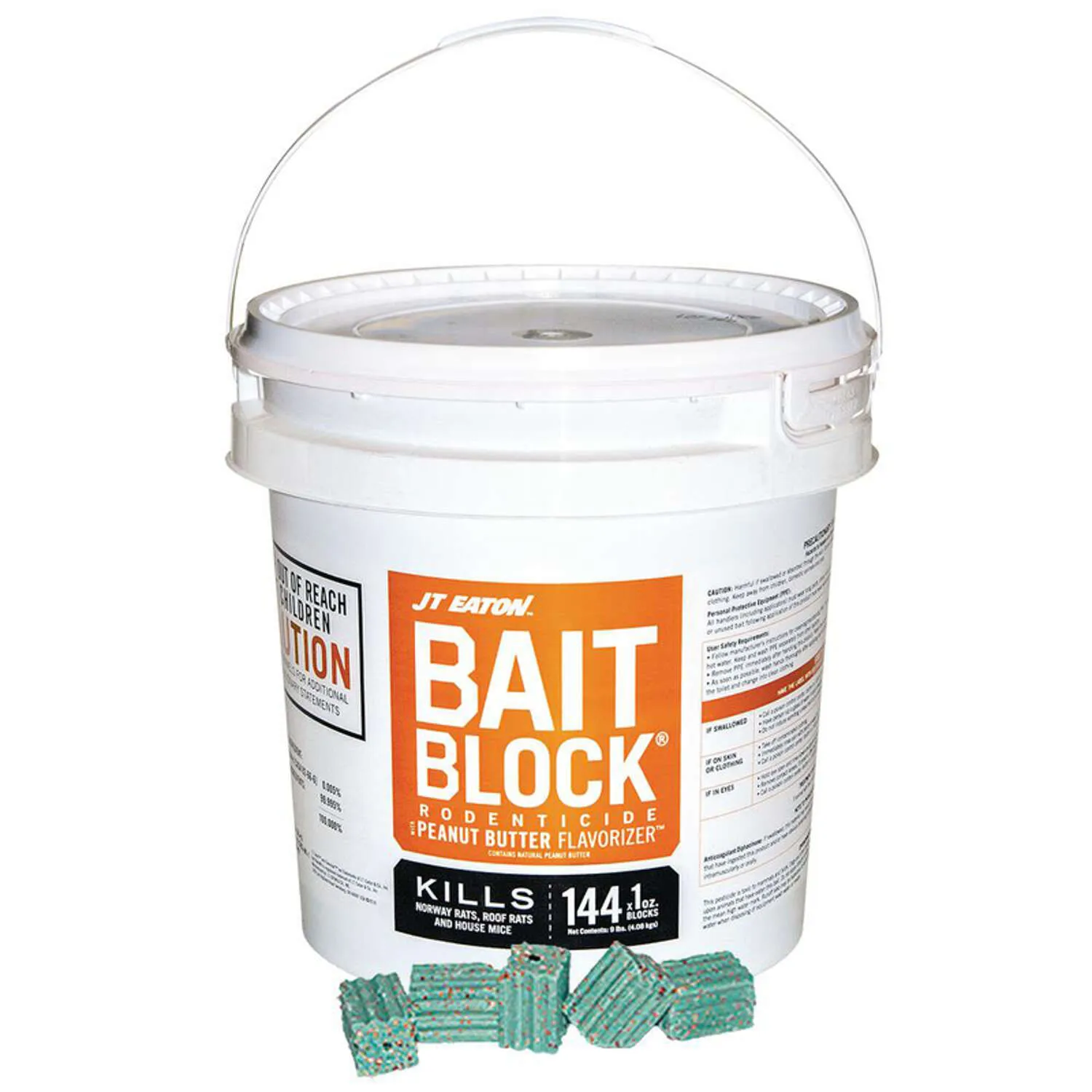 JT Eaton 166004 709-PN Bait Block Rodenticide Anticoagulant Bait, Peanut Butter Flavor, for Mice and Rats (9 lb Pail of 144), Green