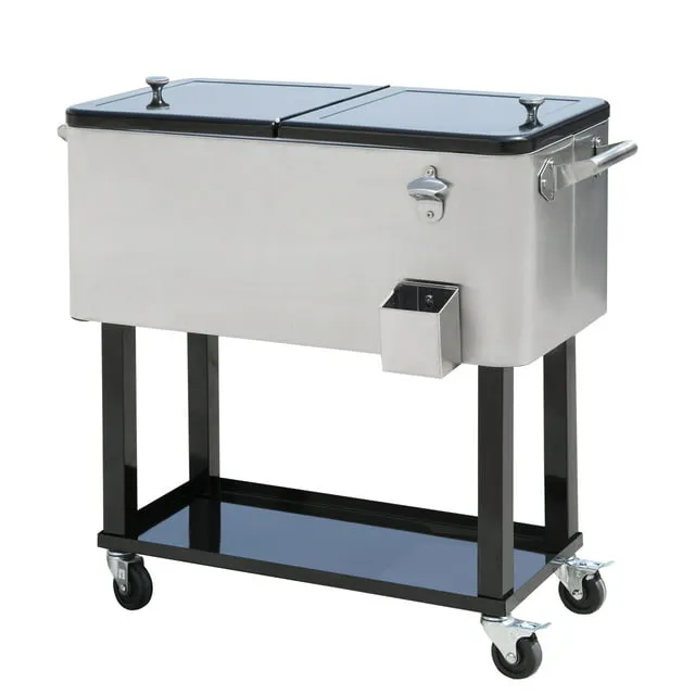 Outsunny 80 qt Rolling Ice Chest Portable Patio Party Drink Cooler Cart, Stainless Steel, Silver