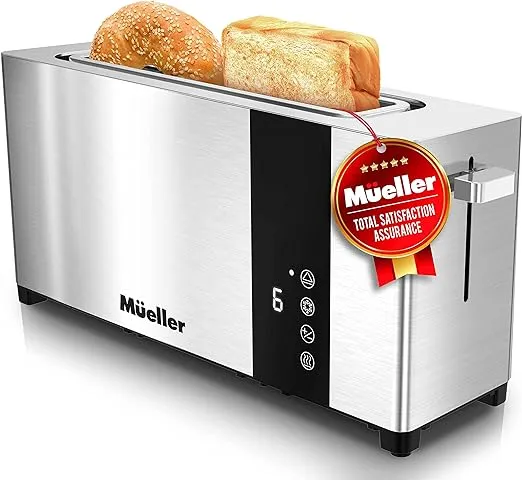 Mueller UltraToast Full Stainless Steel Toaster 4 Slice, Long Extra-Wide Slots with Removable Tray, Cancel/Defrost/Reheat Functions, 6 Browning Levels with LED Display