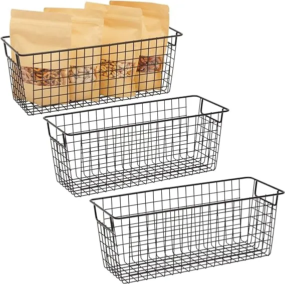 Farmlyn Creek 3 Pack Metal Wire Storage Baskets for Shelves, Pantry, Closet, Long Narrow Organizer Bin, Black, 16 x 6 x 6 In