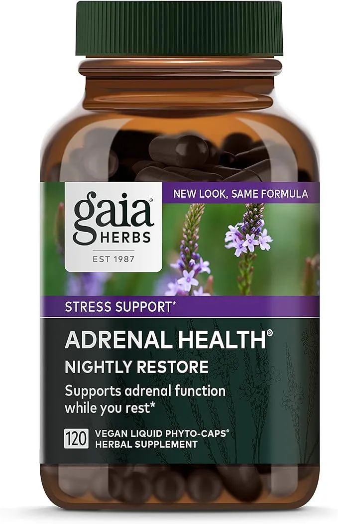 Gaia Herbs Adrenal Health Nightly Restore - Herbal Supplement with Ashwagandha, Magnolia Bark, Cordyceps, Lemon Balm, and More - 60 Vegan Liquid Phyto-Capsules (30 Servings)Gaia Herbs Adrenal Health Nightly Restore - Herbal Sup…