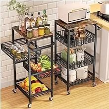 4Tier Roling Cart, Utility Cart, Storage Cart, Kitchen Carts on Wheels with Wood Top, Pull-Out Wire Basket for Fruit