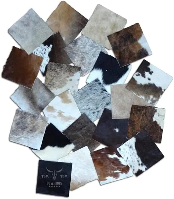 TomTom Cowhides Nice Variety 15 Pieces Hair on Cow Hide Scrap Leather Hide Remnant (15) Pieces of approx. 6" x 6"