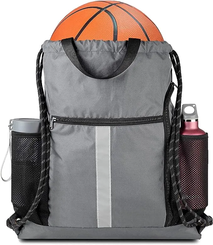 Drawstring Backpack Sports Gym Bag with Shoe Compartment and Two Water Bottle H