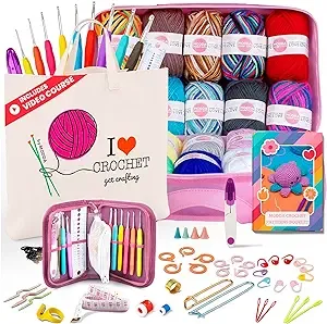 MODDA Crochet Kit for Beginners with Video Course, Includes 20 Color of Yarns, Needles, Hooks, Accessories Kit, Canvas Tote Bag, Crochet Starter Kit