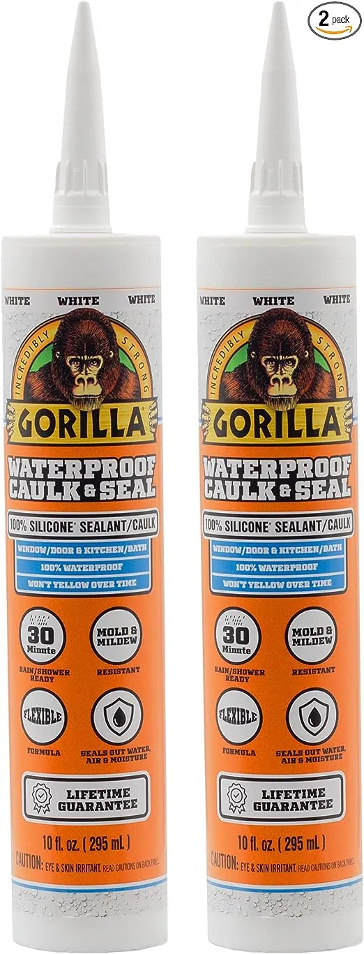 Gorilla Waterproof Caulk & Seal 100% Silicone Sealant, 10oz Cartridge, White (Pack of 2)Gorilla Waterproof Caulk & Seal 100% Silicone Sealant, 10oz Cartridge, White (Pack of 2)