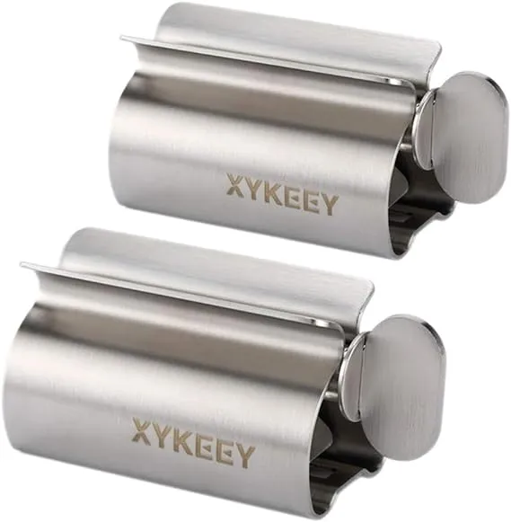 XYKEEY Set of 2 Toothpaste Squeezer Rollers, Metal Toothpaste Tube Wringer Seat Holder Stand (Stainless Steel)