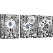 Zlove 3 Pieces Bathroom Daisy Picture Wall Art Rustic Blue Daisy Flowers Giclee ...