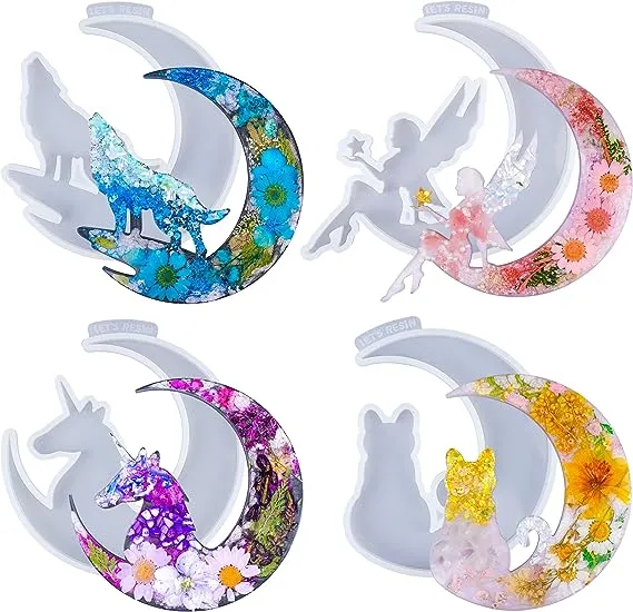 LET'S RESIN Resin Molds, Crescents Moon Molds, Epoxy Molds, Silicone Molds for Epoxy Resin, Wolf with Moon, Cat with Moon, Unicorn with Moon