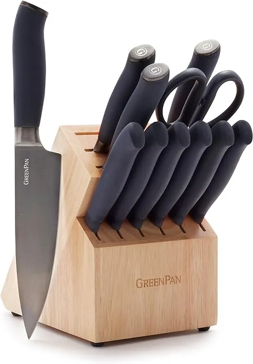 GreenPan Titanium 12-Piece Knife Block Set, Titanium Coated, Stainless Steel, Eco-friendly, Ergonomic Grip, Slip Resistant, Balanced, Heat Treated, Hand Sharpened, Dishwasher Safe