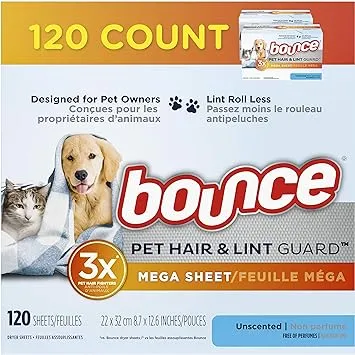 Bouce Bounce Pet Hair and Lint Guard Mega Dryer Sheets for Laundry, Fabric Softener with 3X Pet Hair Fighters, Unscented, Hypoallergenic, 120 Count