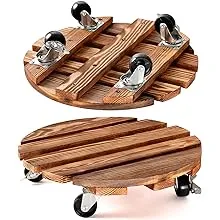 2 Pack Plant Caddy Wooden 12 Inch Plant Stand with Wheels Heavy Duty Rolling Plant Stand Round Plant Dolly Rollers Cart with Metal Lockable Casters for Outdoor/Indoor Large Plant Pot/Flower Pot/Patio