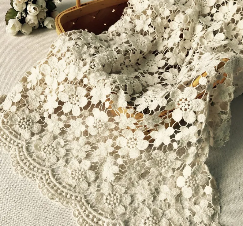 Vintage Lace Fabric, Beige Cotton Guipure Fabric with Floral Pattern, Retro Crochet Hollowed Lace Fabric