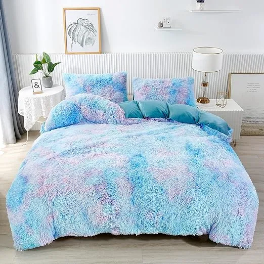 RYNGHIPY Super Soft Fuzzy Faux Fur Duvet Cover Set, Twin Bedding Sets for Girls, Blue Tie Dye Plush & Velvet Flannel Comforter Cover with 2 Pillowcases (Colorful Blue,Twin)