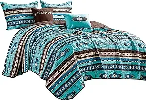 Southwestern Turquoise Tan Aztec Coverlet - 5 Piece Set - Queen