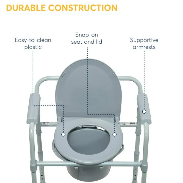 Drive Medical RTL11158KDR Folding Steel Bedside Commode Chair, Portable Toilet, 350 Pound Weight Capacity with 7.5 Qt. Bucket, Grey