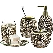 WHOLE HOUSEWARES | Bathroom Accessories Sets Complete | 5-Piece Decorative Glass Bathroom Accessories Set | Soap Dispenser, Tray, Jar, Toothbrush Holder | Elegant Pearl Mosaic Glass Gift Idea (Pearl)