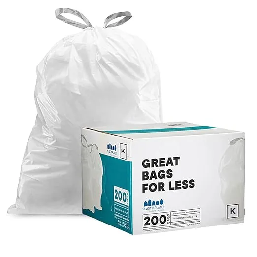 Plasticplace Compatible with simplehuman Code K Drawstring Trash Bags, 10 Gallon (200 Count)