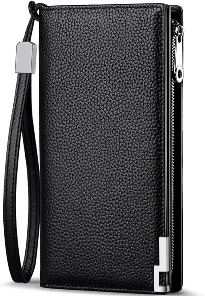 Huztencor Long Wallets for Men Leather RFID Blocking Bifold Wallet with Zipper