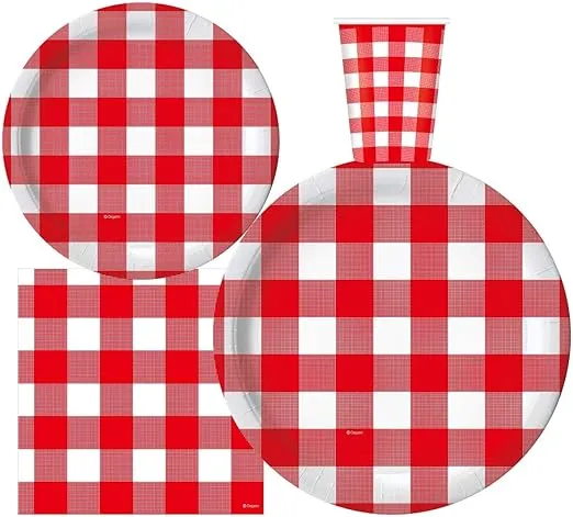 Oojami Red Gingham Party Pack for 30 Includes Checkered Dinner & Dessert Plates