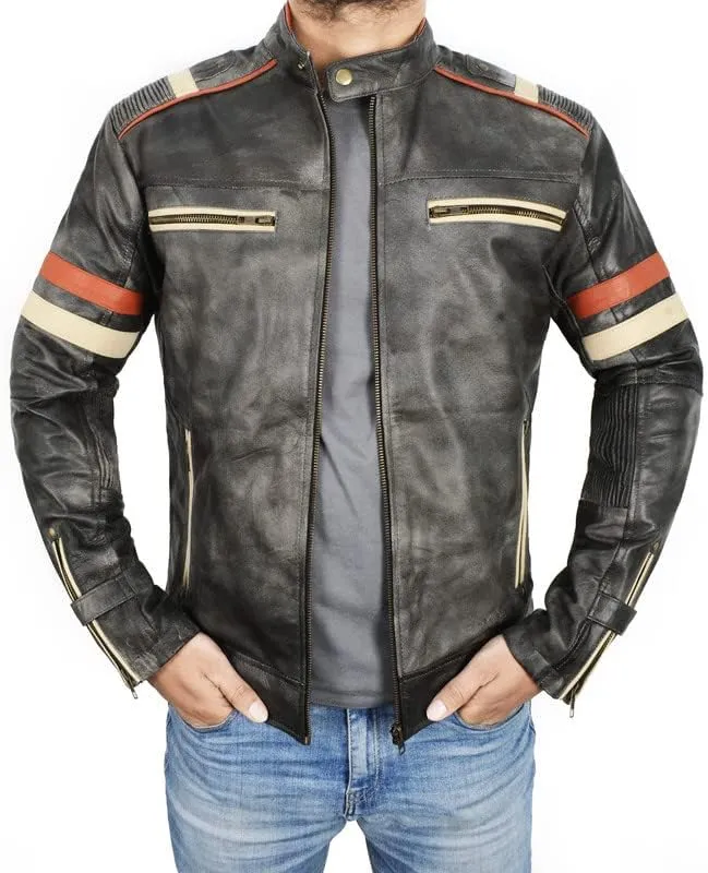 SpazeUp Cafe Racer Jacket Vintage Motorcycle Retro Moto Distressed Leather Jacket | Distressed Motorcycle Jacket Men