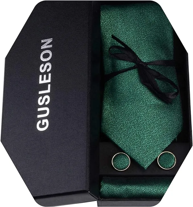 GUSLESON Mens Solid Color Tie with Hanky Cufflinks set Jacquard Wedding Necktie