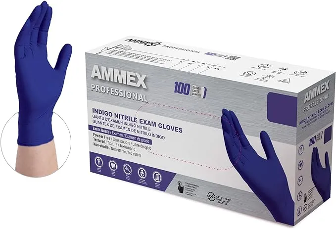 AMMEX Indigo Nitrile Disposable Exam Gloves, 3 Mil, Large, 100/Box