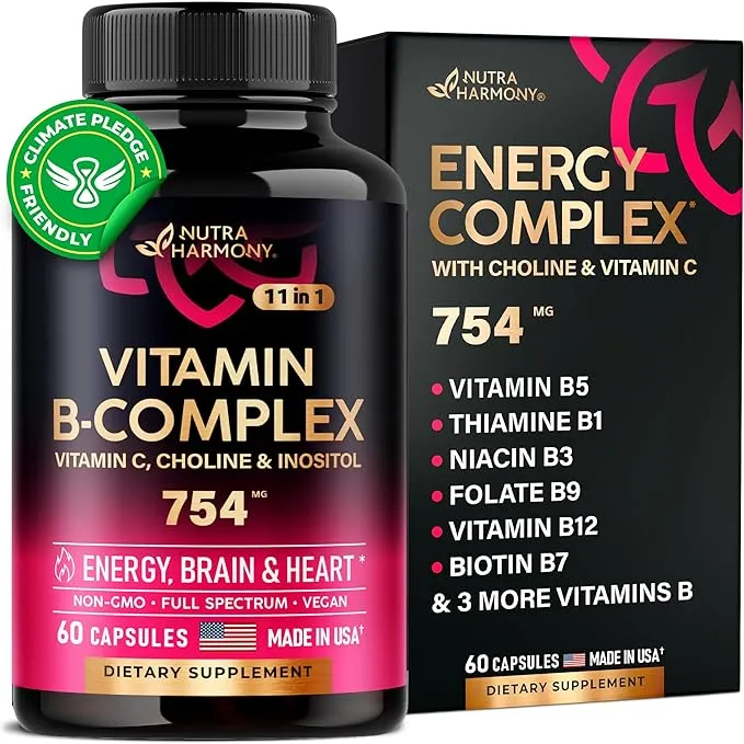 NUTRAHARMONY Vitamin B Complex for Men & Women - Made in USA - 11-in-1 B-Complex: B1, B2, B3, B5, B6, B7, B8, B9, B12 with Vitamin C, Choline, in