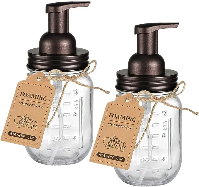 SheeChung Mason Jar Foaming Soap Dispenser - Rustproof Stainless Steel Lid&Foaming Soap Pump,Best Hand Foam Soap Dispenser Glass for Bathroom Vanities or Kitchen Sink,Countertops - Bronze (2 pk)