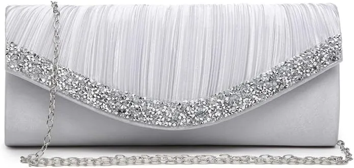 Women Dasein Satin Evening Bags Rhinestone Clutch Purses for Wedding Party Formal Dressy Handbag with Shoulder Chain